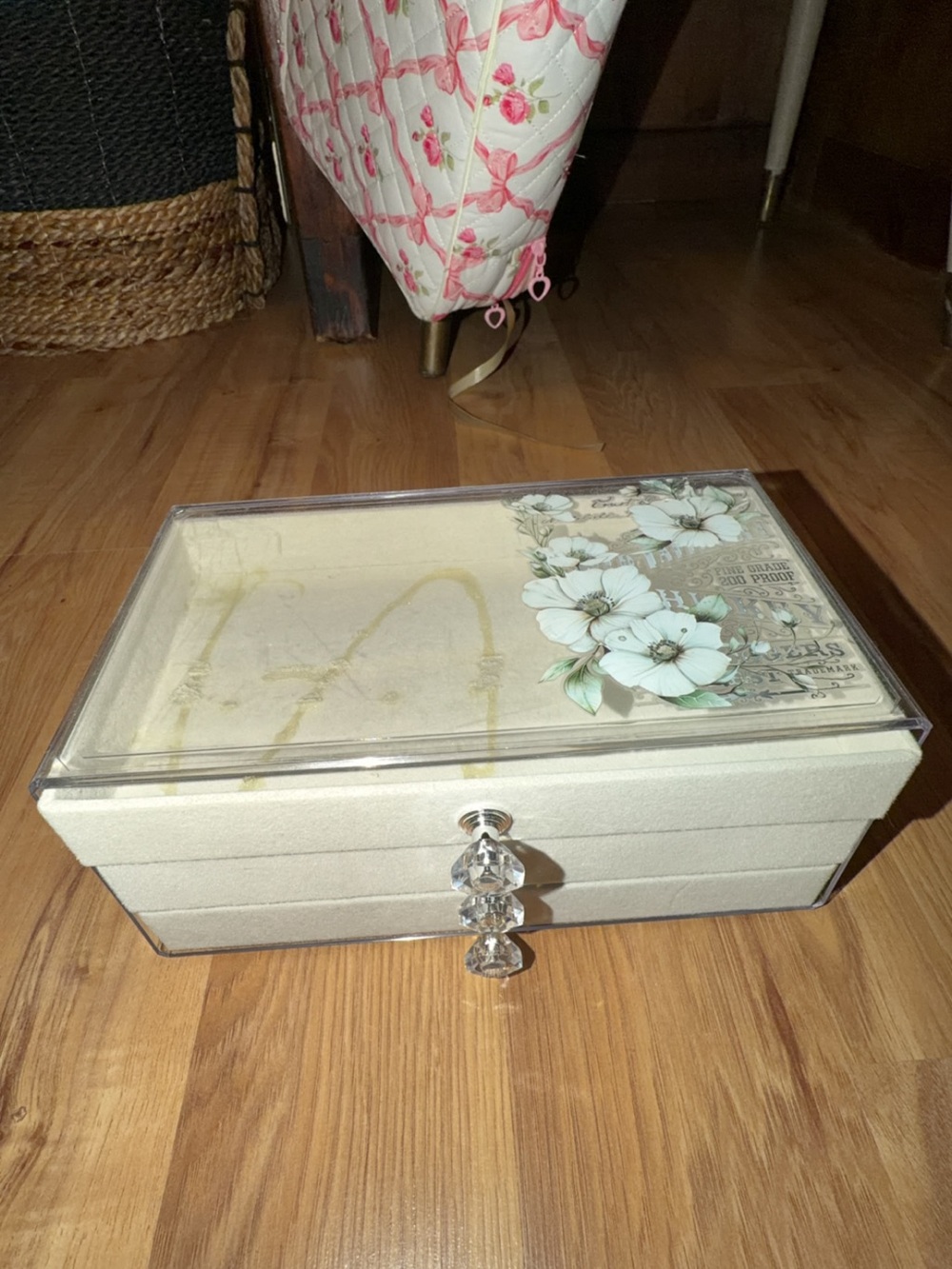 Decorative Cream Floral Jewelry Box with Crystal Knob